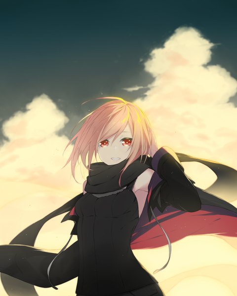 Anime picture 960x1200 with original fhang single tall image looking at viewer fringe short hair blonde hair smile hair between eyes red eyes sky cloud (clouds) upper body wind teeth grin girl scarf