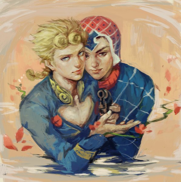 Anime picture 1640x1650 with jojo no kimyou na bouken giorno giovanna guido mista micas tall image looking at viewer short hair blue eyes simple background blonde hair brown eyes from above lips realistic multiple boys drill hair shounen ai boy petals 2 boys