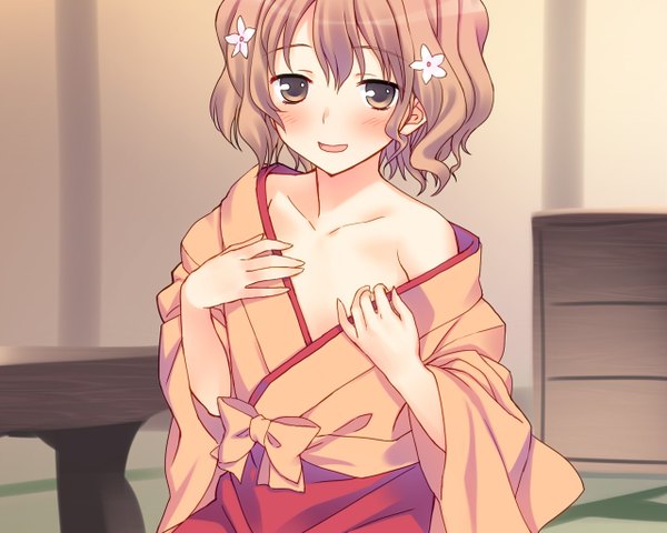 Anime picture 1280x1024 with hanasaku iroha p.a. works matsumae ohana single looking at viewer blush short hair open mouth light erotic brown hair brown eyes traditional clothes girl hair ornament