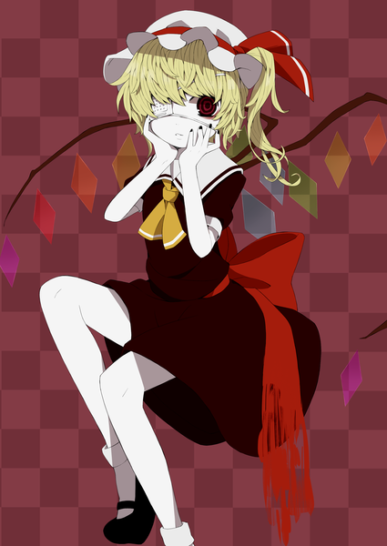 Anime picture 2149x3035 with touhou flandre scarlet sailor antei (artist) single tall image highres short hair blonde hair red eyes nail polish one side up checkered background girl dress bow hat wings eyepatch