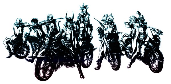 Anime picture 2016x1000 with final fantasy dissidia final fantasy square enix cloud strife tina branford zidane tribal squall leonhart cecil harvey tidus bartz klauser warrior of light onion knight firion highres wide image monochrome