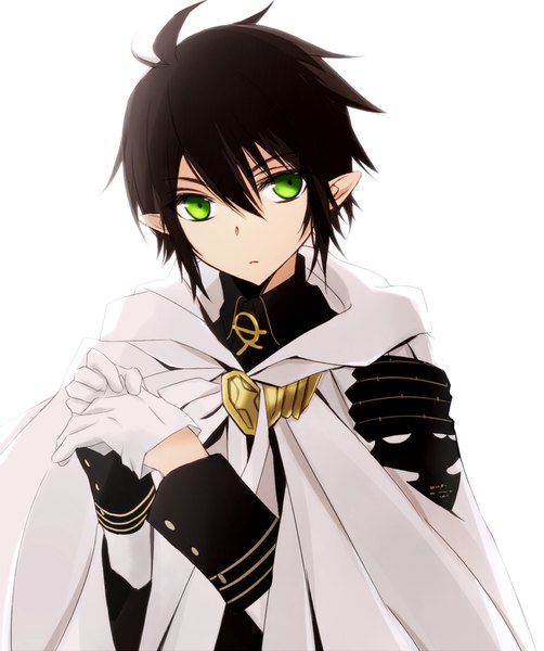 Anime picture 800x956 with owari no seraph wit studio hyakuya yuuichirou tsukimori usako single tall image short hair black hair simple background white background green eyes looking away ahoge pointy ears boy gloves white gloves cape