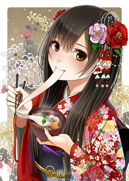 Anime picture 777x1087 with original kentaurosu single long hair tall image looking at viewer black hair brown eyes traditional clothes japanese clothes hair flower eating floral background girl hair ornament flower (flowers) food kimono obi higanbana