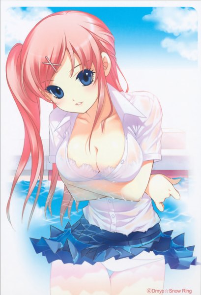 Anime picture 1092x1600 with shirahane nao single tall image breasts blue eyes light erotic large breasts standing pink hair sky cloud (clouds) scan wet partially open clothes girl underwear panties miniskirt water