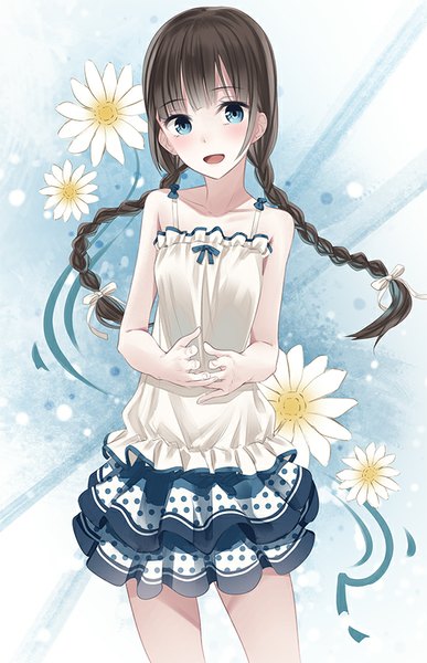Anime picture 581x900 with original yasuno (airy light) single long hair tall image looking at viewer blush fringe open mouth blue eyes black hair braid (braids) twin braids frilly skirt girl flower (flowers) frills