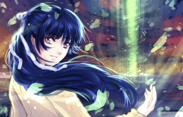 Anime picture 2000x1280 with kakumeiki valvrave sunrise (studio) rukino saki single long hair looking at viewer highres purple eyes blue hair girl uniform school uniform leaf (leaves)