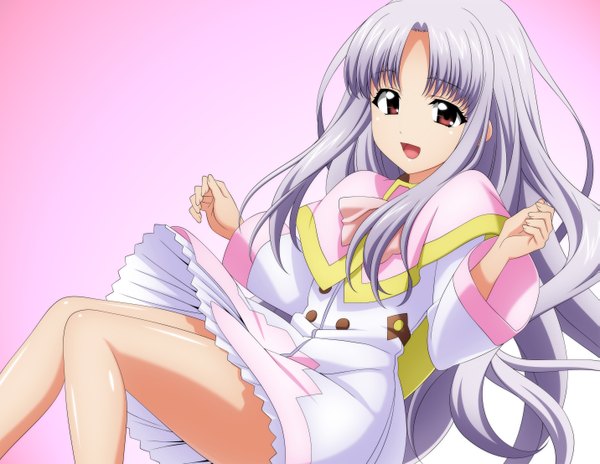 Anime picture 2861x2216 with chrono crusade gonzo azmaria hendric wave ride single long hair looking at viewer highres open mouth smile red eyes purple hair bare legs pink background knees touching girl dress