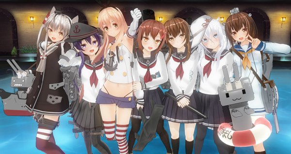 Anime picture 1806x963 with kantai collection shimakaze destroyer hibiki destroyer rensouhou-chan amatsukaze destroyer inazuma destroyer ikazuchi destroyer rensouhou-kun yukikaze destroyer long hair looking at viewer fringe highres short hair breasts open mouth light erotic brown hair wide image twintails