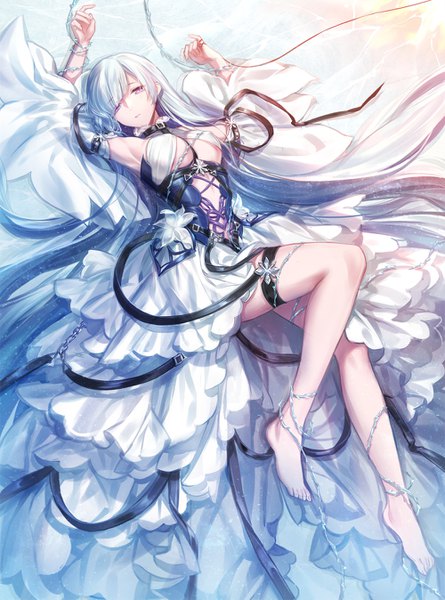 Anime picture 1000x1347 with fate (series) fate/grand order fate/prototype brynhildr (fate) imi fumei single tall image looking at viewer blush fringe breasts light erotic purple eyes silver hair full body bent knee (knees) lying blunt bangs very long hair barefoot