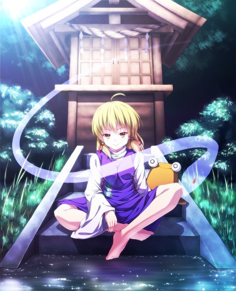 Anime picture 972x1200 with touhou moriya suwako ryosios single tall image looking at viewer short hair blonde hair smile yellow eyes barefoot ghost girl dress plant (plants) hat tree (trees) water