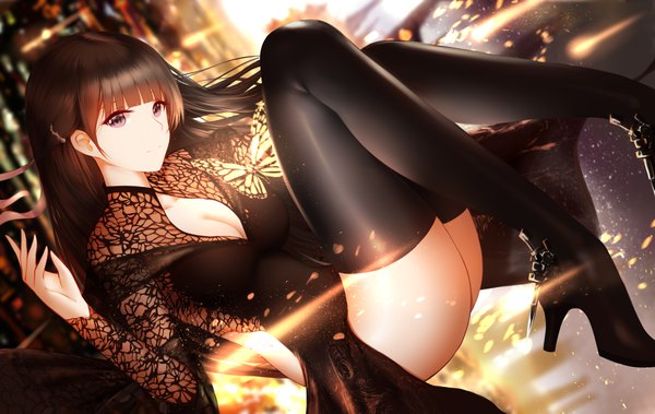 Anime picture 4500x2845 with original an yasuri single long hair looking at viewer blush fringe highres breasts light erotic brown hair large breasts purple eyes payot absurdres cleavage bent knee (knees) blunt bangs light smile high heels