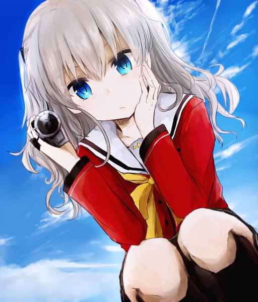 Anime picture 1109x1300 with charlotte p.a. works tomori nao akebisousaku single long hair tall image looking at viewer fringe blue eyes hair between eyes sky cloud (clouds) grey hair two side up dutch angle squat chin rest hand on cheek girl
