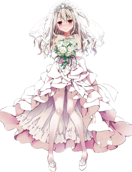 Anime picture 1144x1500 with fate (series) type-moon illyasviel von einzbern hiroyama hiroshi single long hair tall image looking at viewer blush fringe smile red eyes standing bare shoulders holding grey hair transparent background wedding girl thighhighs