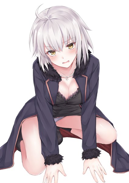 Anime picture 2894x4093 with fate (series) fate/grand order jeanne d'arc (fate) (all) jeanne d'arc alter (fate) coffeedog single tall image looking at viewer blush highres short hair breasts open mouth light erotic simple background large breasts white background yellow eyes cleavage silver hair