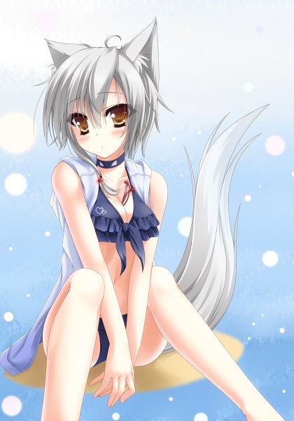 Anime picture 840x1200 with original taletale single tall image looking at viewer blush short hair light erotic animal ears yellow eyes silver hair tail animal tail girl swimsuit bikini