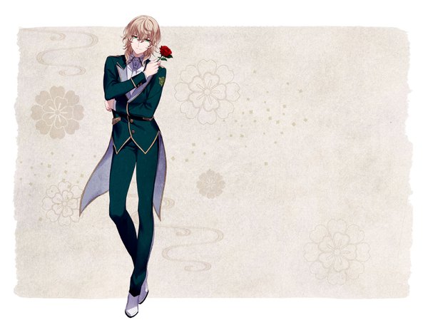 Anime picture 1133x849 with yuugen romantica rejet hanawo tayuya1130 single fringe short hair blonde hair smile hair between eyes standing full body aqua eyes official art boy uniform flower (flowers) school uniform rose (roses) red rose