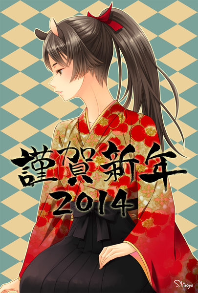 Anime picture 1000x1480 with original shiroya (artist) single long hair tall image black hair brown eyes animal ears looking away ponytail traditional clothes japanese clothes profile new year happy new year nengajou 2014 girl ribbon (ribbons) hair ribbon