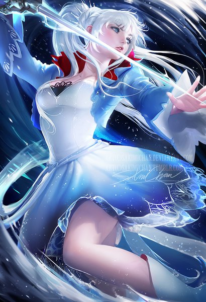 Anime picture 684x1000 with rwby rooster teeth weiss schnee sakimichan single long hair tall image fringe breasts blue eyes signed looking away bent knee (knees) white hair ponytail parted lips lips realistic wide sleeves sparkle