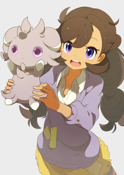 Anime picture 991x1400 with pokemon pokemon xy nintendo espurr matiere (pokemon) tomioka jirou single long hair tall image fringe open mouth simple background brown hair purple eyes from above grey background teeth girl animal pokemon (creature)