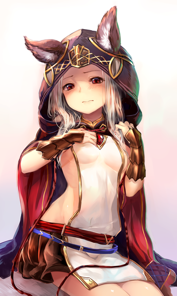 Anime picture 2100x3500 with granblue fantasy skasaha (granblue fantasy) suke single long hair tall image looking at viewer blush highres light erotic simple background red eyes white background sitting animal ears silver hair cat ears thighs gradient background flat chest