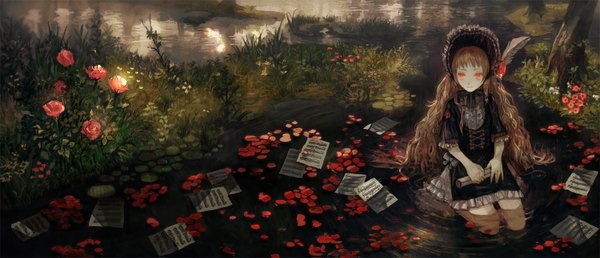 Anime picture 1500x647 with original chibi (shimon) single long hair fringe red eyes brown hair wide image sitting looking away from above partially submerged nature seiza ripples girl dress flower (flowers) plant (plants) petals