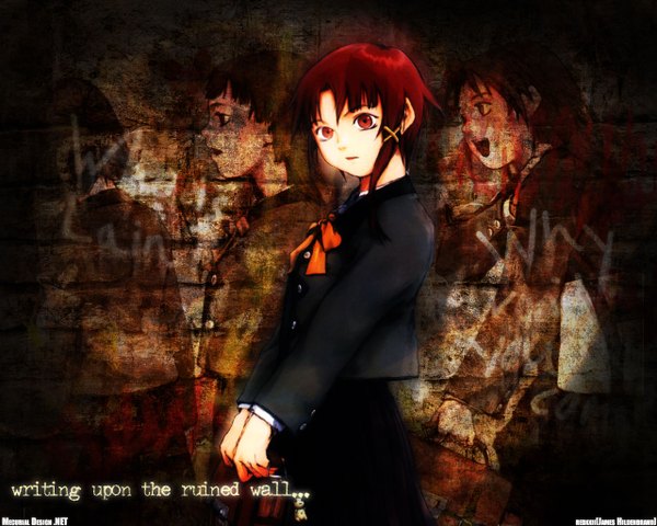 Anime picture 1280x1024 with serial experiments lain iwakura lain abe yoshitoshi james hildenbrand (redxxii) looking at viewer short hair open mouth red eyes multiple girls holding signed red hair solo focus third-party edit girl hair ornament x hair ornament 4 girls briefcase