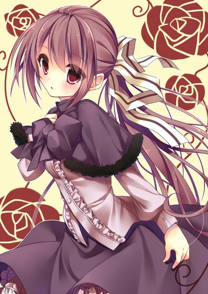 Anime picture 1414x2000 with original nametakenoko single long hair tall image looking at viewer blush purple eyes purple hair ponytail girl dress flower (flowers) bow ribbon (ribbons) hair ribbon