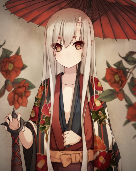 Anime picture 1100x1386 with original hiiragi hajime single long hair tall image looking at viewer fringe red eyes standing white hair traditional clothes japanese clothes horn (horns) :o floral print eyebrows oni horns girl flower (flowers) bow
