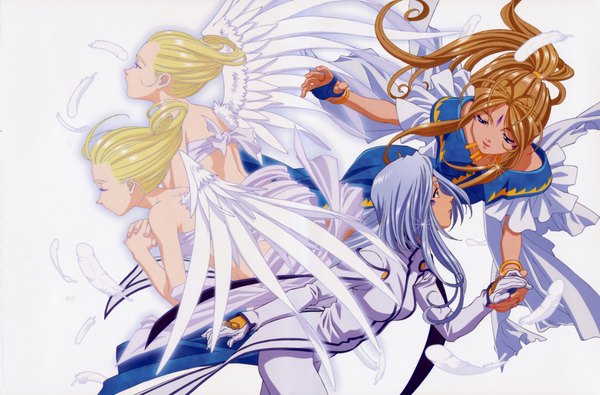 Anime picture 4482x2952 with aa megami-sama anime international company belldandy lind cool mint spear mint matsubara hidenori long hair fringe highres blue eyes blonde hair simple background brown hair white background bare shoulders multiple girls holding silver hair ponytail