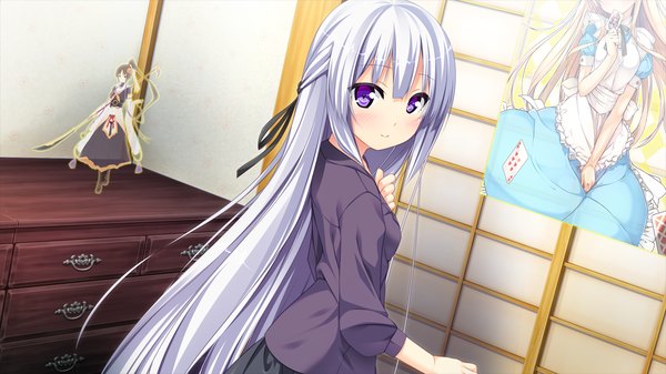 Anime picture 1280x720 with harvest overray giga yatsurugi komachi single long hair looking at viewer blush wide image purple eyes game cg white hair girl dress ribbon (ribbons) hair ribbon