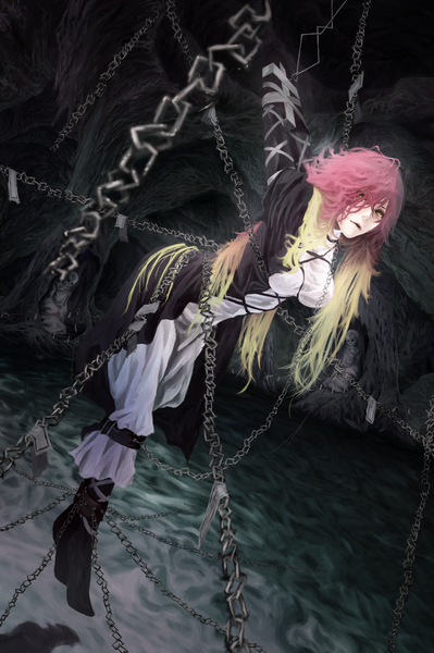 Anime picture 1329x2000 with touhou hijiri byakuren akaikitsune single long hair tall image looking at viewer fringe breasts open mouth light erotic yellow eyes multicolored hair two-tone hair skeleton girl boots chain shackles handcuffs