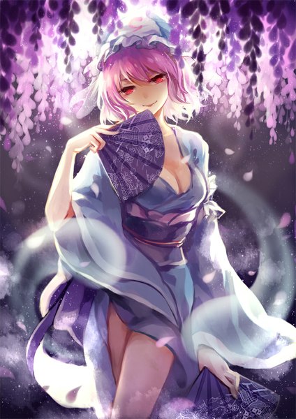 Anime picture 707x1000 with touhou saigyouji yuyuko myon marn (pixiv) single tall image looking at viewer fringe short hair breasts smile red eyes large breasts standing pink hair cleavage traditional clothes wind legs hollow