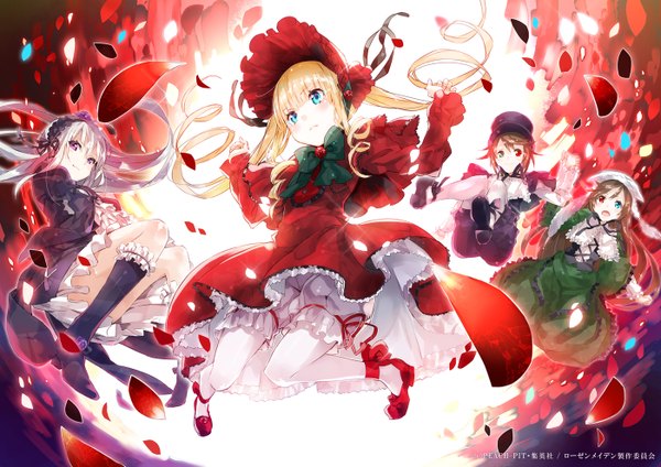 Anime picture 1400x990 with rozen maiden suigintou shinku suiseiseki souseiseki yuugen long hair looking at viewer blush short hair open mouth blonde hair red eyes brown hair twintails multiple girls green eyes looking away white hair pink eyes