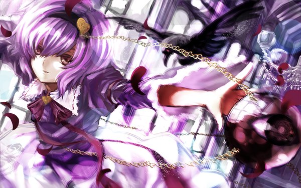 Anime picture 2000x1250 with touhou komeiji satori karlwolf single highres short hair wide image purple eyes purple hair eyes girl dress petals hairband chain crown