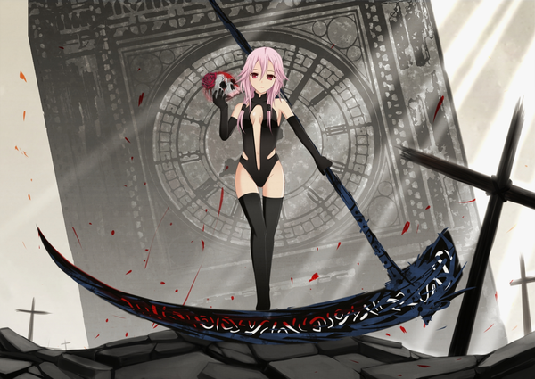 Anime picture 2201x1562 with guilty crown production i.g yuzuriha inori single long hair highres red eyes bare shoulders pink hair girl thighhighs gloves navel flower (flowers) weapon black thighhighs elbow gloves blood bodysuit cross
