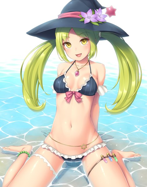 Anime picture 880x1120 with original sasaame single long hair tall image breasts open mouth light erotic sitting twintails yellow eyes looking away :d green hair arm support partially submerged groin wariza hexagram girl