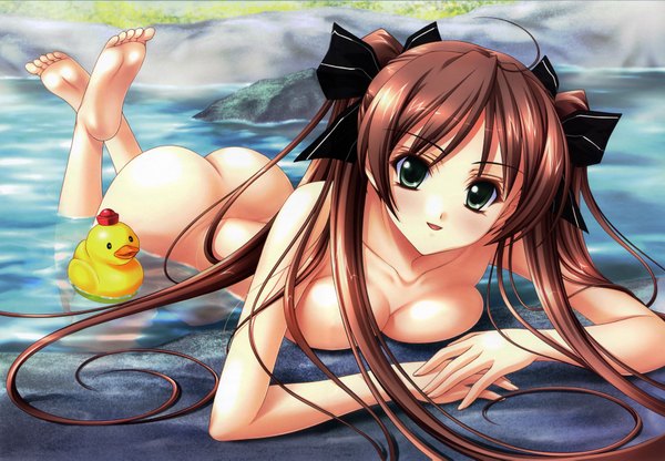 Anime picture 4008x2781 with long hair highres breasts light erotic brown hair twintails green eyes ass breast press rubber duck