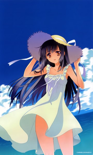 Anime picture 2570x4278 with carnelian single long hair tall image highres black hair brown eyes cloud (clouds) girl hat sundress