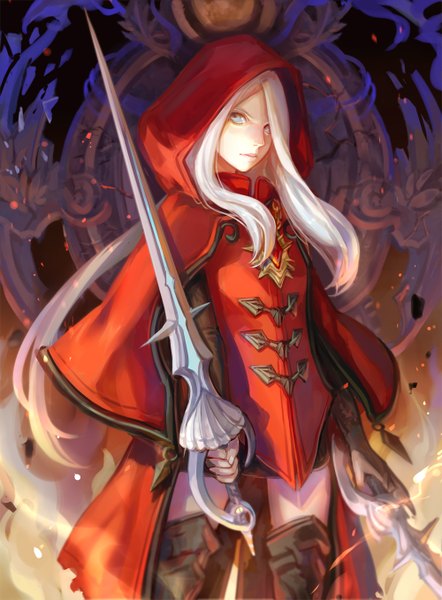 Anime picture 1000x1357 with dragon nest argenta (dragon nest) achyue single long hair tall image fringe holding looking away white hair fingernails lips grey eyes dual wielding girl weapon sword hood cape