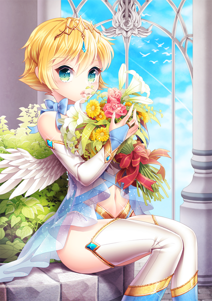 Anime picture 740x1047 with original saban single long hair tall image looking at viewer blue eyes blonde hair girl thighhighs dress navel hair ornament flower (flowers) detached sleeves white thighhighs wings tiara bouquet