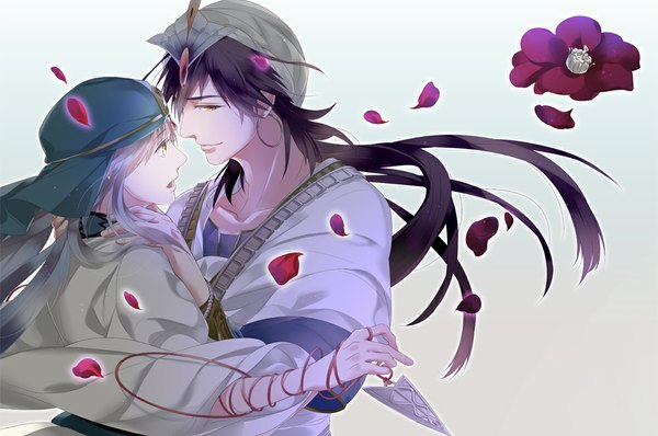 Anime picture 1000x664 with magi the labyrinth of magic a-1 pictures ja'far (magi) sinbad (magi) roko (artist) long hair open mouth black hair simple background yellow eyes looking away silver hair profile light smile wind grey background multiple boys orange eyes couple hug