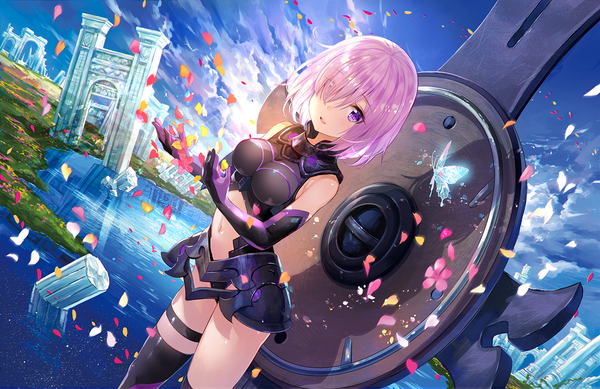 Anime picture 1178x764 with fate (series) fate/grand order mash kyrielight fuzichoco single looking at viewer blush fringe short hair breasts open mouth light erotic standing purple eyes pink hair sky cloud (clouds) outdoors light smile wind
