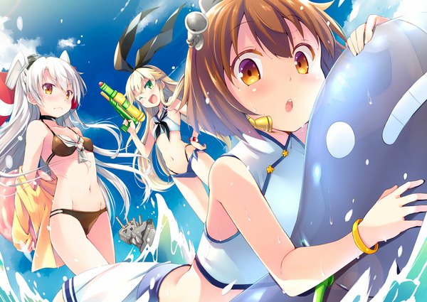Anime picture 1000x709 with kantai collection shimakaze destroyer amatsukaze destroyer yukikaze destroyer natsume eri long hair blush short hair open mouth light erotic brown hair multiple girls brown eyes green eyes sky cloud (clouds) white hair two side up girl navel