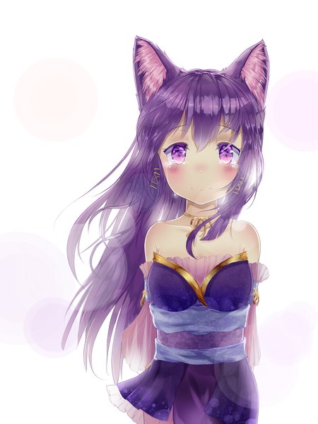 Anime picture 1200x1600 with original futoshi ame single long hair tall image looking at viewer blush simple background smile white background purple eyes animal ears purple hair wind cat ears cat girl tears girl detached sleeves