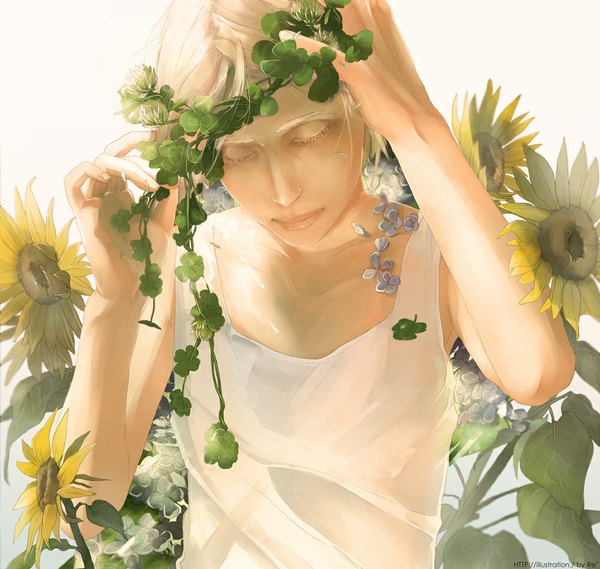 Anime picture 1001x950 with original re (artist) single short hair blonde hair lips realistic boy flower (flowers) plant (plants) petals sunflower wreath clover (plant)