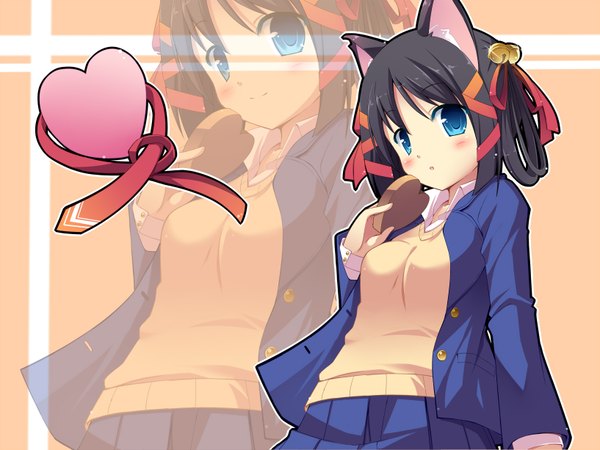 Anime picture 1633x1225 with original masaki (machisora) single blush short hair blue eyes black hair animal ears cat ears open clothes open jacket valentine zoom layer girl heart sweater