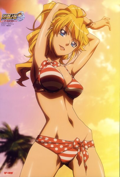 Anime picture 3579x5269 with super robot wars excellen browning kabashima yousuke single long hair tall image highres blue eyes blonde hair absurdres evening sunset girl swimsuit plant (plants) bikini tree (trees) bracelet palm tree striped bikini