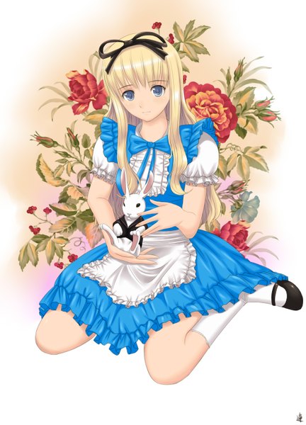 Anime picture 2125x2952 with alice in wonderland alice (wonderland) xiao lian long hair tall image highres blue eyes blonde hair signed girl dress flower (flowers) ribbon (ribbons) hair ribbon socks white socks bunny