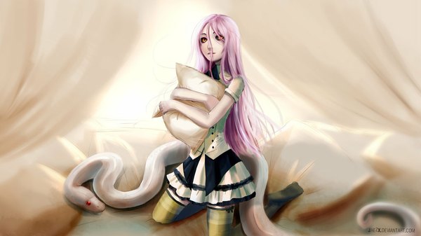 Anime picture 1024x576 with jaezx long hair looking at viewer wide image standing pink hair hug kneeling girl animal pillow curtains snake white snake