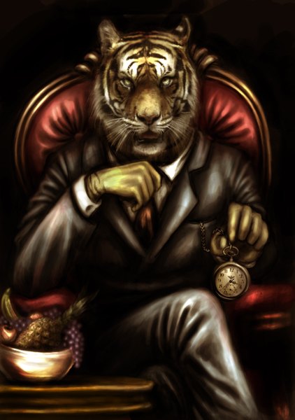 Anime picture 1053x1497 with original nocturnalmoth single tall image sitting crossed legs animal necktie pants cloak fruit suit clock armchair pocket watch tiger